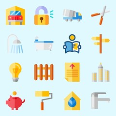 icons set about Real Assets. with padlock, maps and flags, studying, relax, pruners and turned off