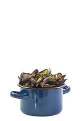 mussels in a blue ceramic pot on a white background. Healthy eating concept. Meditteranean lifestyle.