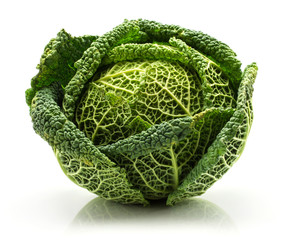 One savoy cabbage isolated on white background fresh green head.