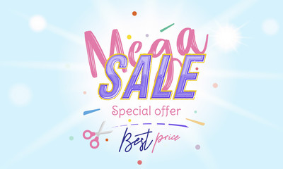 Fototapeta na wymiar Mega Sale Banner with font combination on the colour background with blur and light effects. Flat vector illustration EPS 10