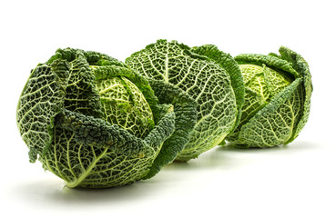 Three savoy cabbages isolated on white background fresh green heads in row.