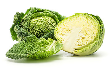 Savoy cabbage fresh green head one section half and separated leaf isolated on white background.