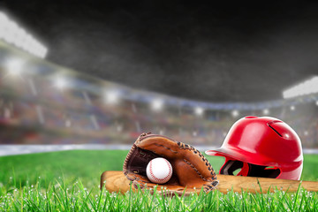 Outdoor Baseball Stadium With Helmet, Bat, Glove and Ball