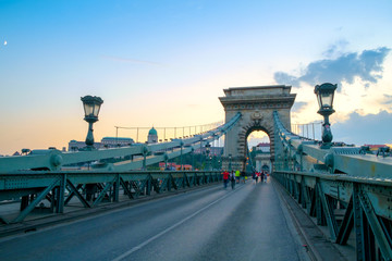 Chain bridge on Danube river in Budapest city