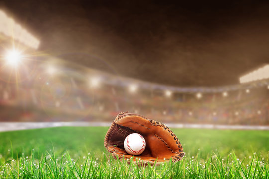 Outdoor Baseball Stadium With Glove and Ball, and Copy Space