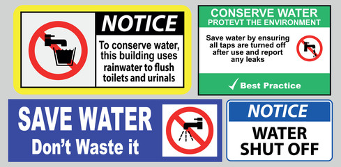 save water quote (protect the environment for our future, shut if off, please conserve water, recycled water in use, wash hands after contact)