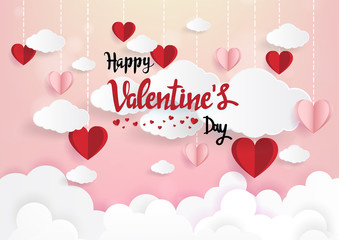 Paper art of illustration love and valentine day,Origami made hot air balloon flying