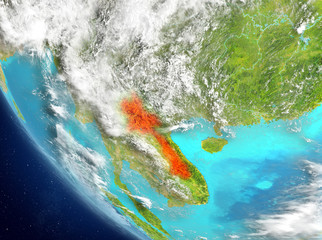 Satellite view of Laos in red