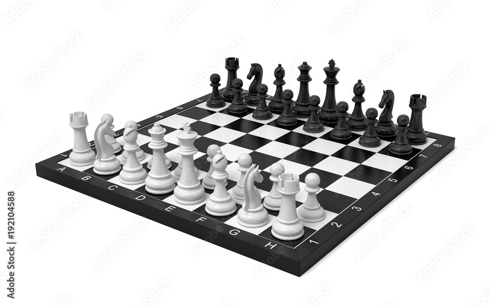 Poster 3d rendering of a chess board with a full set of figures in the starting position.