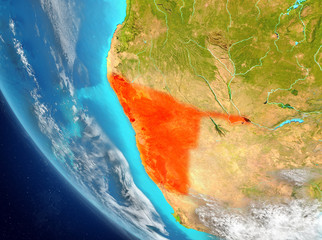 Satellite view of Namibia in red