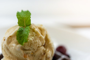 Fresh waffles chocolate topped with ice cream