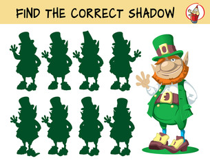 Leprechaun. Find the correct shadow. Educational matching game for children. Cartoon vector illustration