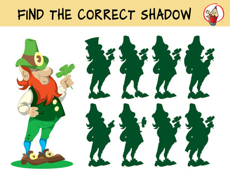 Leprechaun. Find the correct shadow. Educational matching game for children. Cartoon vector illustration