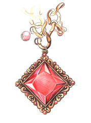 Necklace with a large square red dragon stone on a thick chain with a lot of pendants. Hand-drawn illustration in mixed technique.