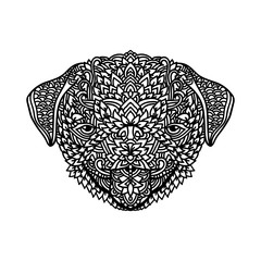Black and white pug with ethnic floral ornaments for adult coloring book. Zentagle pattern. Vector doodle illustration. Portrait of a cute puppy.