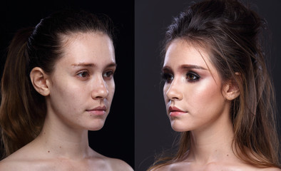 Caucasian Woman before after make up hair style. no retouch, fresh face