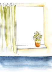 Window frame with a window sill, flower in a pot and curtain. Light watercolor sketch. hand-drawn - 192107728