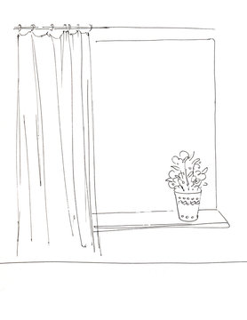 Window frame with a window sill, flower in a pot and curtain. A simple linear sketch. hand-drawn