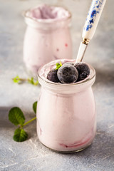 homemade yogurt with fresh blueberry and nuts, mint