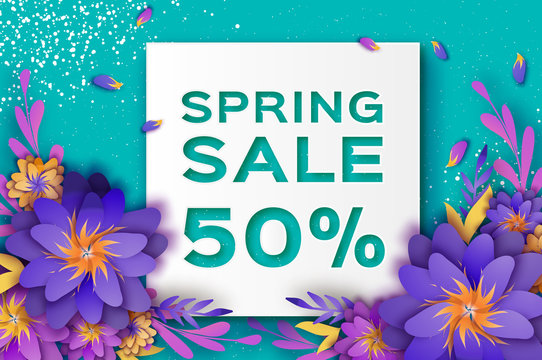 Origami violet Super Spring Sale Flowers Banner. Paper cut Floral card. Spring blossom. Happy Womens Day. 8 March. Text. Seasonal holiday on blue. Spring Sale Poster, Flyer, voucher discount.