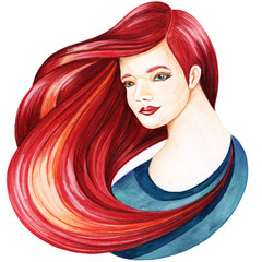 Portrait of a beautiful young girl with luxurious lush red hair. hand-drawn. Watercolor colored pencils