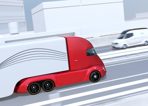 Side view of metallic red self-driving electric semi trucks and minivan on highway. 3D rendering image.