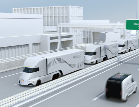 A fleet of self-driving electric semi trucks driving on highway. 3D rendering image.