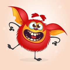 Happy red cartoon monster dancing. Halloween vector illustration ofrad furry monster character