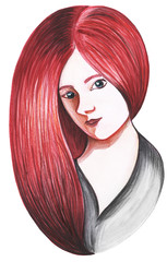 Portrait of a cute young girl with lush red hair. hand-drawn. Watercolor colored pencils