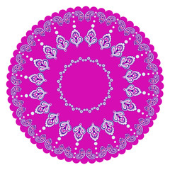 Radial symmetrical pattern of several graphic elements in the style of Indian ornament lilac color. Vector illustration