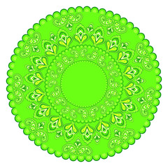 Radial symmetrical pattern of several graphic elements in the style of Indian ornament green color. Vector illustration