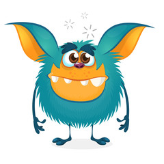 Cute happy blue cartoon monster. Halloween vector illustration