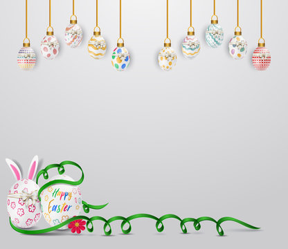Happy easter image vector. Modern Easter background with colorful eggs and gold hanging. Template Easter greeting card, vector.