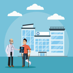 Doctor and patient at hospital icon vector illustration graphic design Health and healthcare