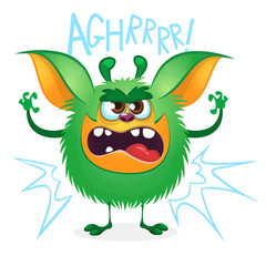 Angry cartoon green hairy monster. Big collection of cute monsters for Halloween. Vector illustration isolated on white background