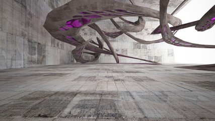 Abstract white and concrete interior  with glossy pink lines. 3D illustration and rendering.