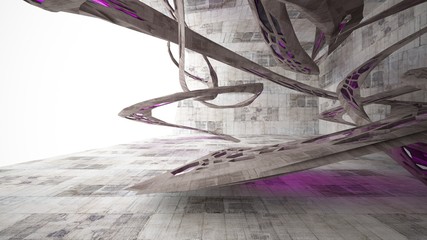 Abstract white and concrete interior  with glossy pink lines. 3D illustration and rendering.