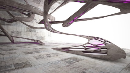 Abstract white and concrete interior  with glossy pink lines. 3D illustration and rendering.