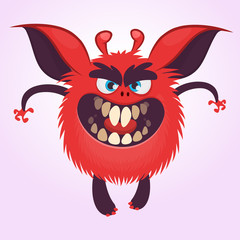 Cartoon scary red round monster illustration. Vector of a small tiny monster with big ears. Halloween character