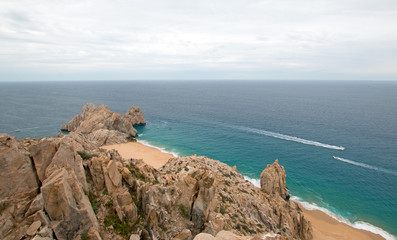 Fototapeta na wymiar Lands End and Divorce Beach as seen from top of Mt Solmar in Cabo San Lucas Baja Mexico BCS