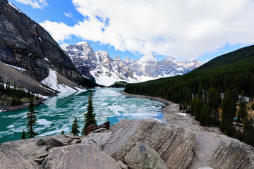 Fototapeta na wymiar Ice melting at Valley of the Ten Peaks, Moraine Lake, Banff National Park, Alberta, Canada