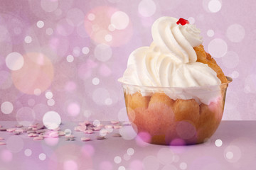 Delicious tasty homemade cakes with bokeh light background