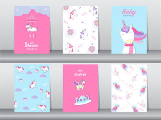 Set of baby shower invitation cards,birthday cards,poster,template,greeting,cards,cute,fantasy,unicorn,animal,Vector illustrations