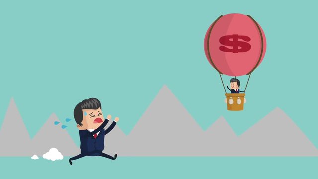 businessman on hot air balloon with dollar sign and man crying mountain cloud success icons businessman icons animation design