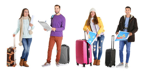 Fototapeta premium Set of young tourists with luggage on white background