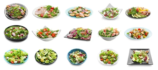 Poster Set of different tasty salads on white background © Africa Studio