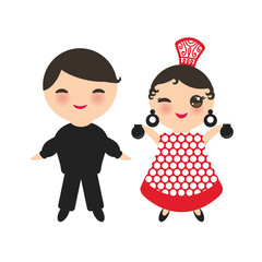 Spanish flamenco dancer. Kawaii cute face with pink cheeks and winking eyes. Gipsy girl and boy, red black white dress, polka dot fabric, Isolated on white background. Vector