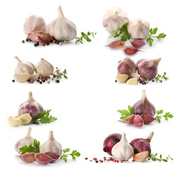 Garlic and herbs on white background