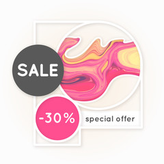 Sale. Marbling. Marble texture. Discount. Vector abstract colorful background. Paint splash. Colorful fluid. Shopping. Bright colors. Flyer, advertising, banner, signboard. Vector illustration, eps10
