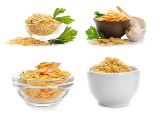 Set with dried garlic on white background